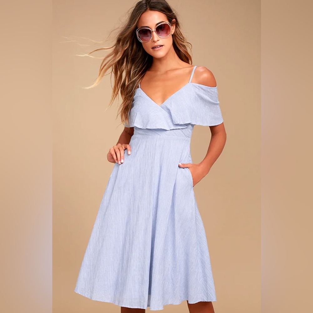 Lulus Yacht Rock Blue and White Striped Off-the-Shoulder Midi Dress. Size XS.